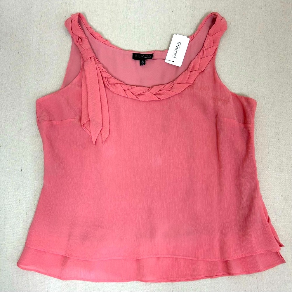 NWT Juliana Pink Sleeveless Silk Top with Braided Neckline & Tie Front Sz 12